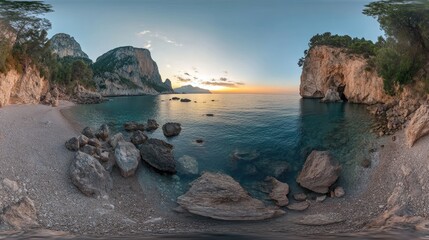 Obraz premium Serene Coastal Landscape at Sunrise with Rocks and Calm Waters