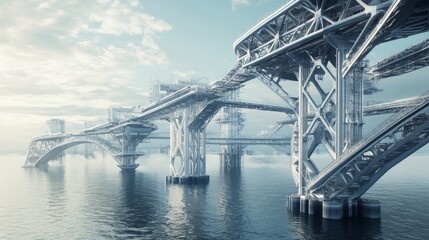 Fototapeta premium Futuristic ocean bridges, intricate metal structures, calm water, cloudy sky.