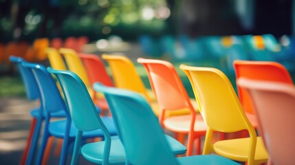 Fototapeta premium Rows of colorful plastic chairs neatly aligned outdoors, with a blurred background emphasizing their lightweight and functional design.
