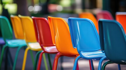 Rows of colorful plastic chairs neatly aligned outdoors, with a blurred background emphasizing their lightweight and functional design.