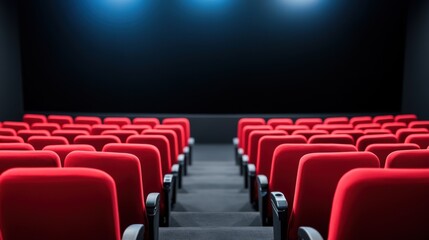 Obraz premium Empty cinema hall with red plush seats and a blank screen ready for a movie viewing experience