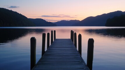Fototapeta premium Serene Lake View from Wooden Pier at Sunset with Mountain Silhouette