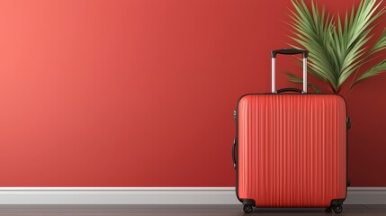 Ready for adventure stylish red suitcase against vibrant wall modern room travel scene