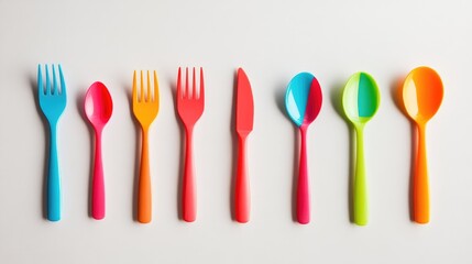 Set of brightly colored plastic utensils, including forks, spoons, and knives, placed in a neat arrangement on a plain background.