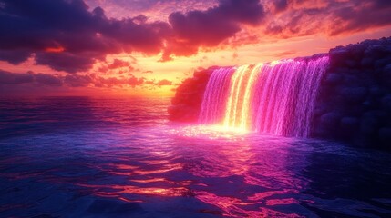 Fototapeta premium A vibrant sunset waterfall cascading into the ocean, illuminated with pink hues.