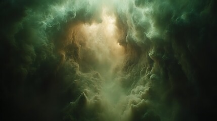 Obraz premium Dark, swirling clouds part to reveal a glowing light.