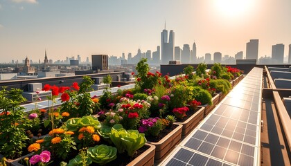 Fototapeta premium Urban Rooftop Garden with Solar Panels and Cityscape View