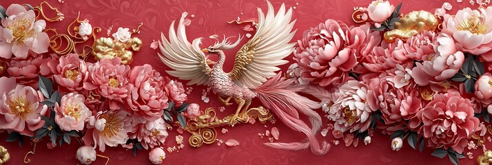 Majestic Chinese New Year Wallpaper with Stylized Phoenix Soaring Among Blooming Peonies and Intricate Golden Patterns on a Vibrant Red Background