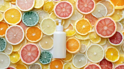 Fresh Citrus Pattern with Lotion Bottle on Colorful Sliced Fruits