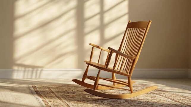 Wooden rocking chair placed on a cozy rug with a plain, neutral-colored background, emphasizing the chaira design.