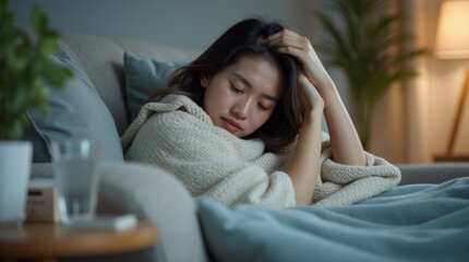 Asian woman lying on the couch with a blanket, holding her head, looking fatigued and sick