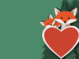 Obraz premium Kawaii Animal Valentine's Love concept. Cute foxes with a heart in a forest setting on a green background.