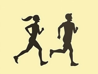 two runners in silhouette, mid-stride, smiling faces visible, symbolizing joy and energy, bright background, simple and clean design focused on happiness