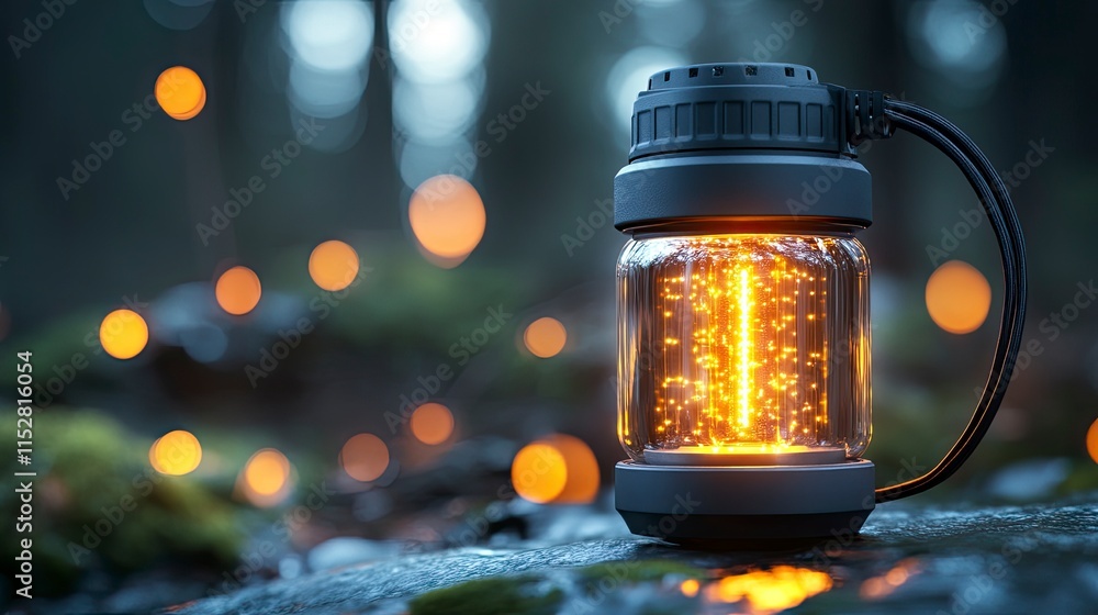 Poster a glowing lantern illuminating a serene forest setting with soft bokeh lights in the background for 