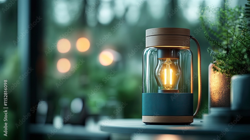 Poster a beautifully crafted modern lantern illuminating a tranquil garden setting with soft bokeh lights i