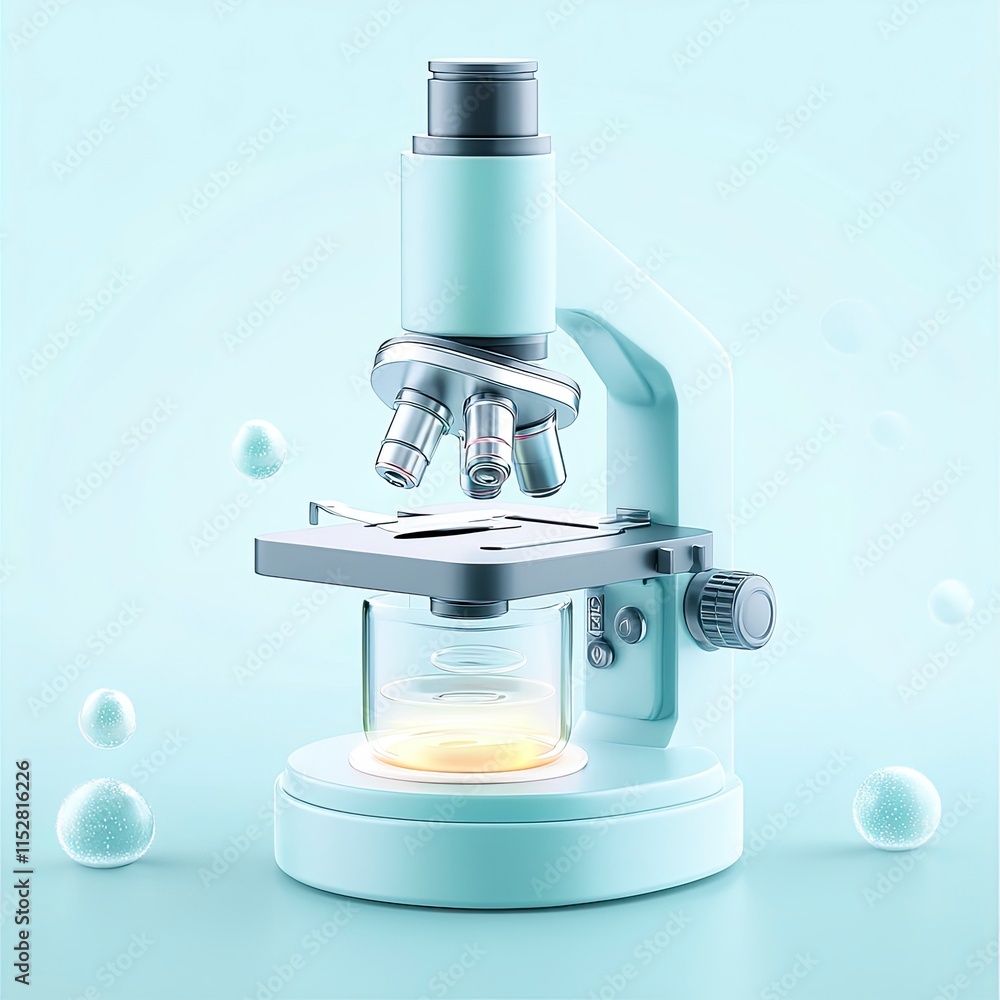 Poster modern laboratory microscope with clear glass slides and organic fluid under examination in a light 