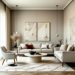 Modern living room, neutral tones, curved sofa, round coffee table, abstract wall art, large windows, sheer curtains, circular rug, minimalist design, natural light, cozy atmosphere, sculptural decor,
