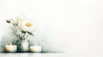 A serene floral arrangement featuring white peonies in a glass jar, surrounded by glowing candles on a softly textured background