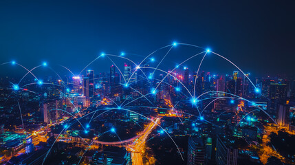 Fototapeta premium Smart digital city with connection cyber security network reciprocity over the cityscape . future smart wireless digital city and social media networking systems that connects people within the city