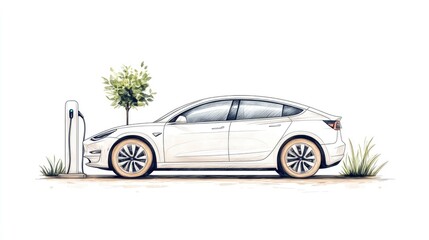 A sleek white electric car parked at a charging station beside a tree, representing eco-friendly transportation and technology.