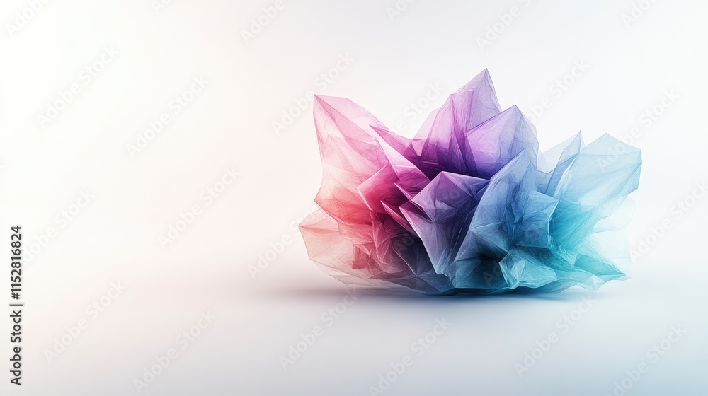 Poster abstract polygonal shape with soft pastel colors and intricate folds against a minimalistic backgrou