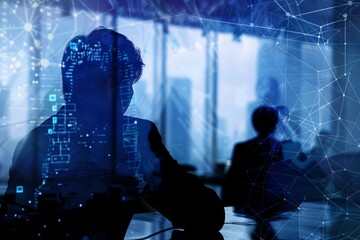A double exposure of an office team in silhouette of glowing light dot background