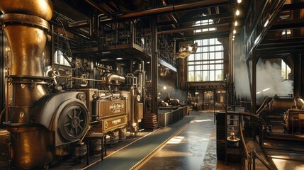 A historic-style stock cracker plant, retro machinery and steam-powered components, 