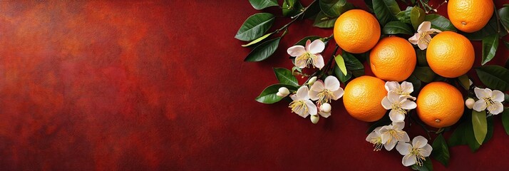 Elegant and vibrant Chinese New Year wallpaper design featuring golden mandarin oranges and blooming plum blossoms scattered over a lush red silk textured background  Symbolic of prosperity wealth