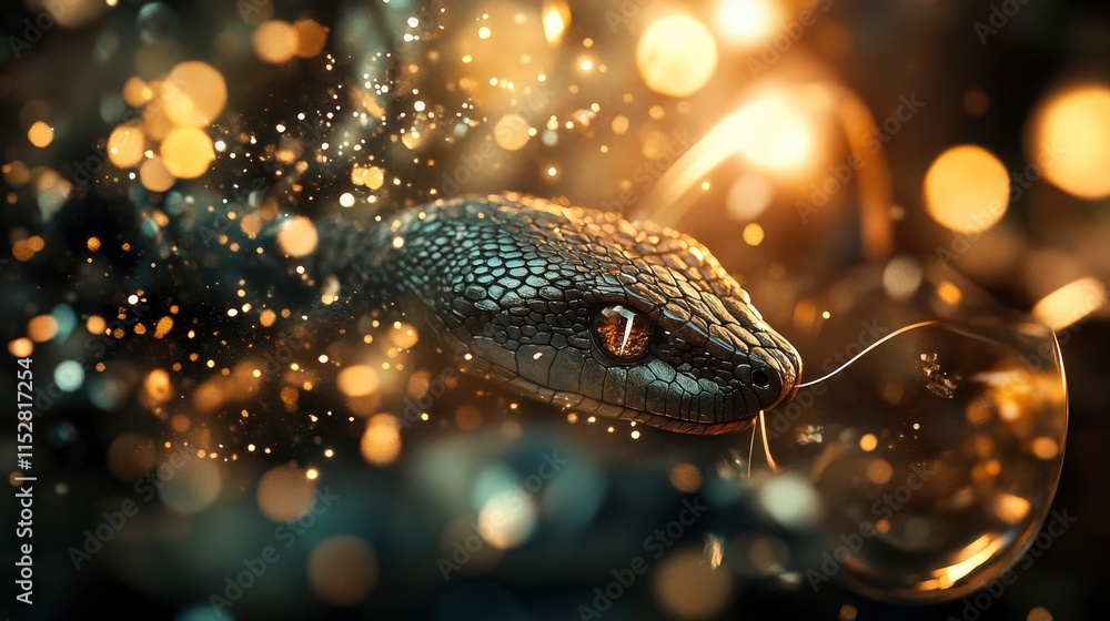 Poster an enchanting serpent emerges from a mystical haze of glimmering bokeh lights and soft reflections t