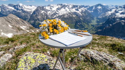 beautiful alpine flower arrangement on survey table with mountains in background, showcasing nature tranquility and vibrant colors
