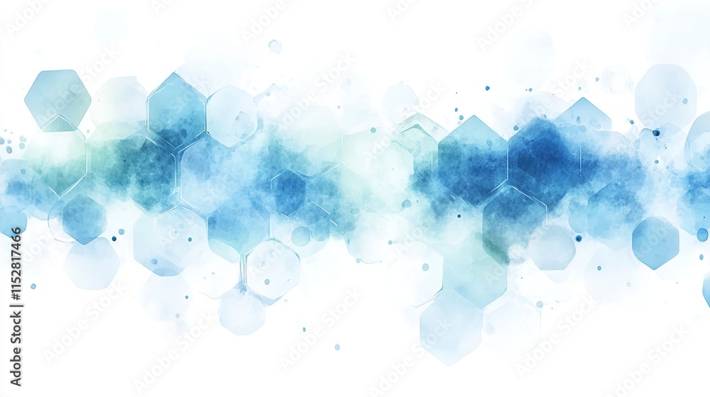 Poster abstract watercolor background featuring geometric hexagonal shapes and a soothing blue color gradie