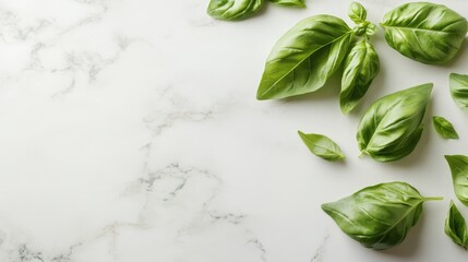 A fresh assortment of vibrant green basil leaves arranged artfully on a marble surface, capturing the essence of culinary herbs