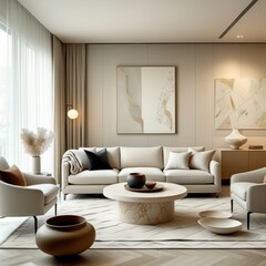 Modern living room, neutral tones, curved sofa, round coffee table, abstract wall art, large windows, sheer curtains, circular rug, minimalist design, natural light, cozy atmosphere, sculptural decor,