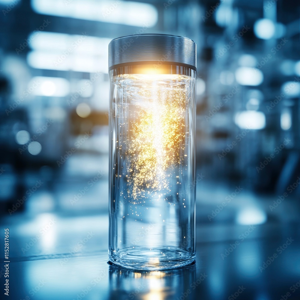 Poster a mesmerizing glass container filled with shimmering magical particles, illuminated in a modern indu