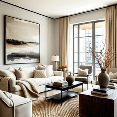 Elegant living room interior, neutral color palette, beige sofa, large abstract landscape painting, floor-to-ceiling windows, warm lighting, textured area rug, modern coffee table, decorative vase wit