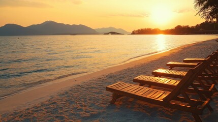Serene Sunset Over Calm Beach with Wooden Lounge Chairs at Shoreline