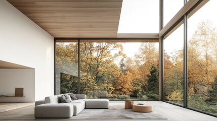 Fototapeta premium Modern living room with large windows showcasing autumn foliage in a serene, minimalist setting