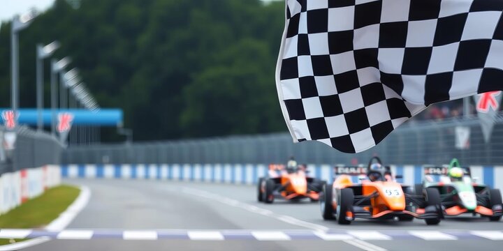 Checkered flag waving at the end of a race track with blurred background, speed, race