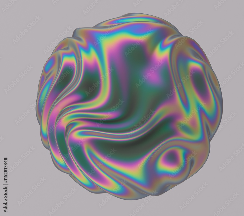 Poster holographic glossy sphere with ripples and distortions on the surface with rainbow iridescences. abs