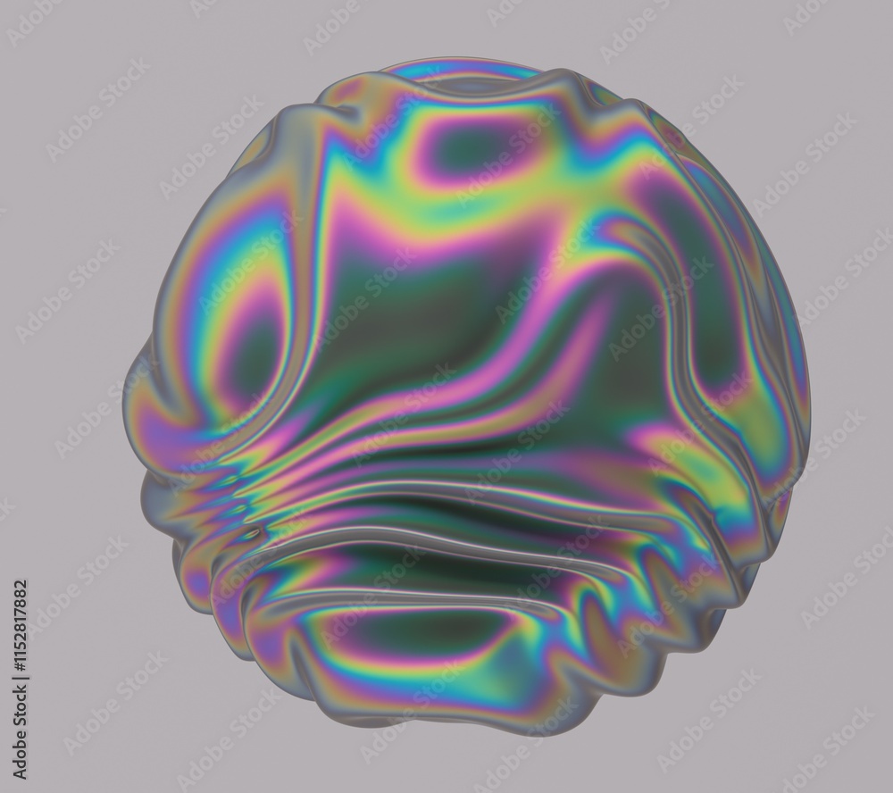 Poster holographic glossy sphere with ripples and distortions on the surface with vibrant rainbow iridescen