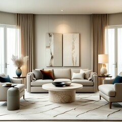 Modern living room, neutral tones, curved sofa, round coffee table, abstract wall art, large windows, sheer curtains, circular rug, minimalist design, natural light, cozy atmosphere, sculptural decor,