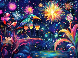 Festive Night Scene With Bird And Fireworks