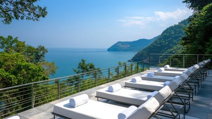 Fototapeta premium Tranquil Coastal View from Luxurious Lounge Area by the Sea