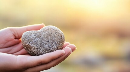 A hand holds a heart-shaped stone against a soft, dreamy background of warm sunlight and natural beauty.