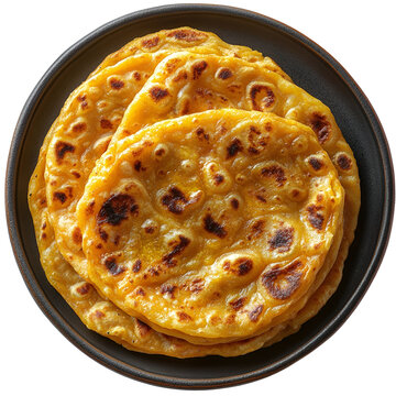 Top view of an extremely perfect looking Puran Poli in a dark platter isolated on a white transparent background