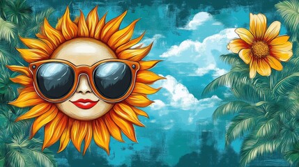Sun with sunglasses, flowers, and palm trees.