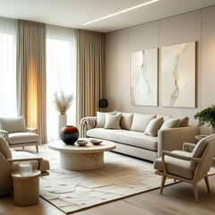 Modern living room, neutral tones, curved sofa, round coffee table, abstract wall art, large windows, sheer curtains, circular rug, minimalist design, natural light, cozy atmosphere, sculptural decor,