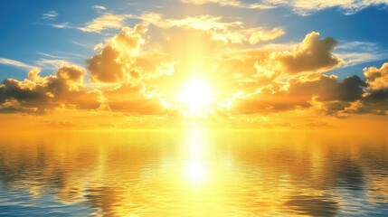 Fototapeta premium Serene Sunrise Over Tranquil Water with Golden Clouds and Reflection