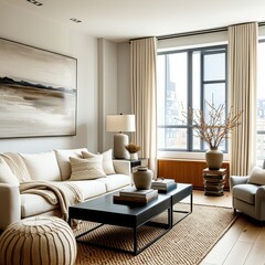 Elegant living room interior, neutral color palette, beige sofa, large abstract landscape painting, floor-to-ceiling windows, warm lighting, textured area rug, modern coffee table, decorative vase wit