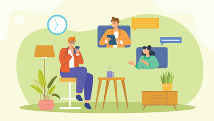 An illustration depicting remote connection and virtual discussion, with individuals engaging in video calls, surrounded by digital icons like chat bubbles and screens
